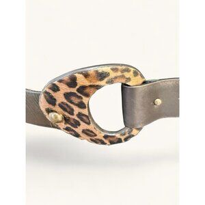 Chico's Brown Leather Leopard Cheeta Print Belt Size Medium Rigid Concave Buckle